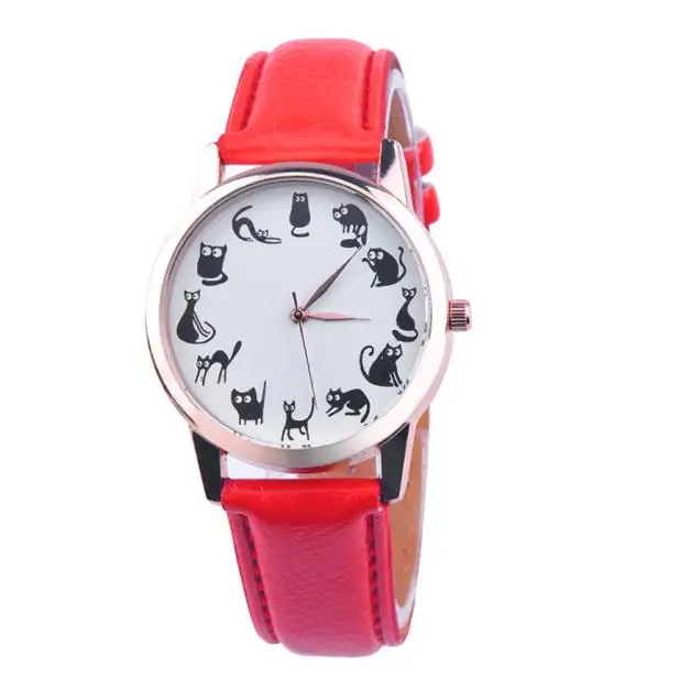 

Casual Simple Ladies Watches Cat Pattern Dial Relojes De Pulsera De Cuarzo Leather Band Analog Quartz Wrist Watches Red New