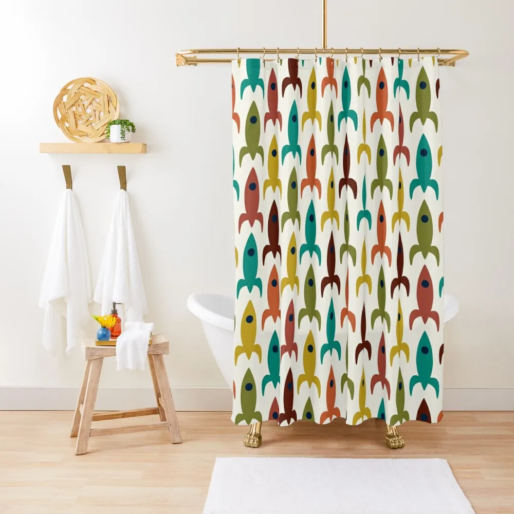 

Space Age Rocket Ships - Colorful Mid-Century Modern Atomic Age Aerospace Pattern in Teal, Olive, Mustard, Orange Shower Curtain
