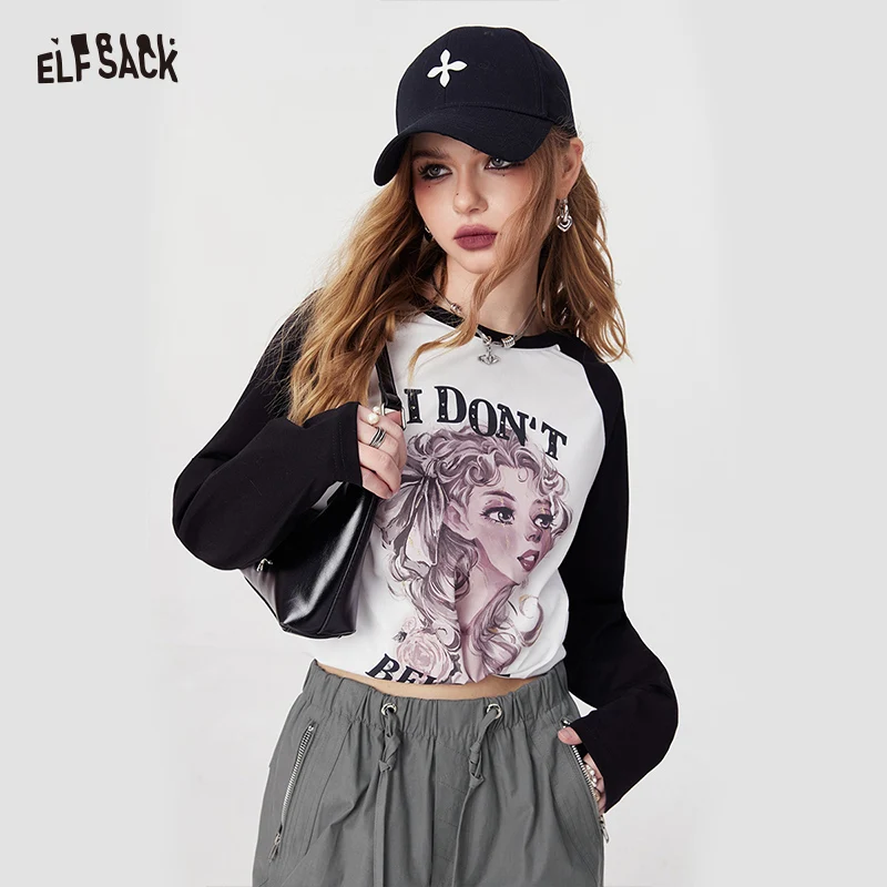 

ELFSACK color block cartoon printing crew neck T-Shirt for women 2024 spring loose undershirt long sleeve sweet academic style t