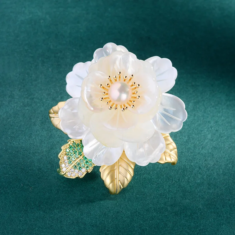 

Chinese style luxurious flower shell peony brooch, feminine temperament, high-end freshwater pearl flower accessory pins