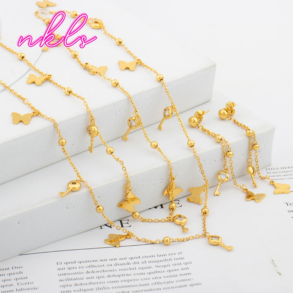 

Модное ожерелье из Дубая с кулоном в виде маленькой бабочки и ключа, длинная цепочка, эффектные висячие серьги золотого цвета, комплект ювелирных изделий, подарок на свадьбу и вечеринку