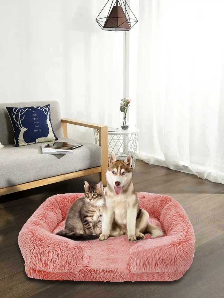 

Square Beds Cozy Plush Dog Sofa Bed Washable Warm Pet Cushion Memory Foam Lounger Orthopedic Faux Fur Fluffy With Zipper Cover