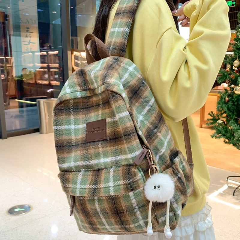 

New Fashion Plaid Woollen Women Backpack Student Book Bag Backpacks for Teenage Girls School Bags Large Capacity Travel Rucksack