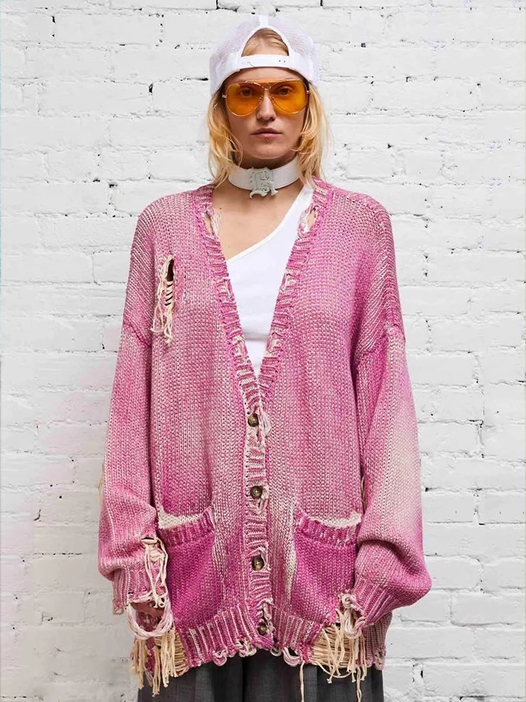 

Designer's retro tie dye sweater cardigan with broken holes 2024 Spring women's new fashion all-in-one loose knit coat