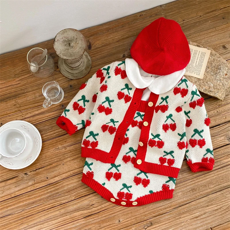 

Baby Girl Knitted Clothing Sets Spring Autumn New Cherry Embroidery Sweater Coat + Romper Suit for Infants Cotton Kids Clothes