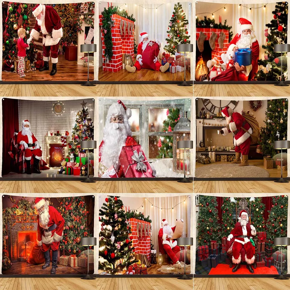 

Merry Christmas Santa Claus fireplace print pattern tapestry home living room bedroom decoration background cloth