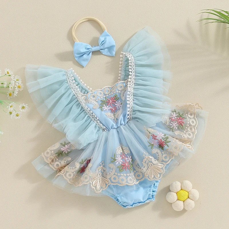 

Наряд для новорожденной девочки с рукавом летучая мышь вышивка цветок тюль пэчворк комбинезон платье с бантом повязка на голову летняя одежда