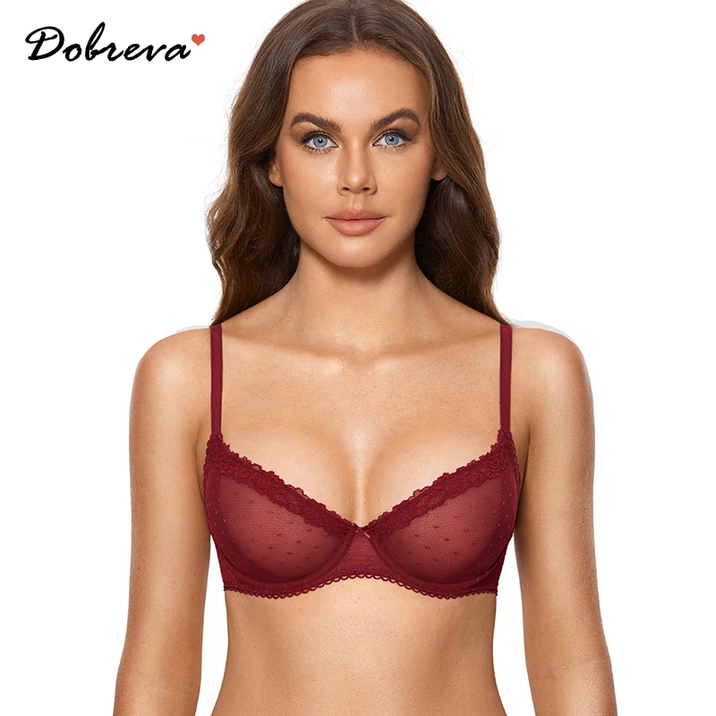 

DOBREVA Women's Lace Bra Sexy See Through Balconette Sheer Mesh Demi Plus Size Push Up Underwire Unlined Transparent Lingerie