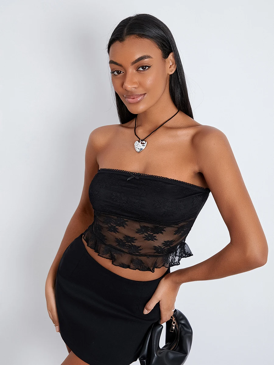 

Women Lace Strapless Tube Top Sexy Slim Fit Floral Lace Crop Tank Tops Sleeveless Ruffle Hem Bandeau Shirt