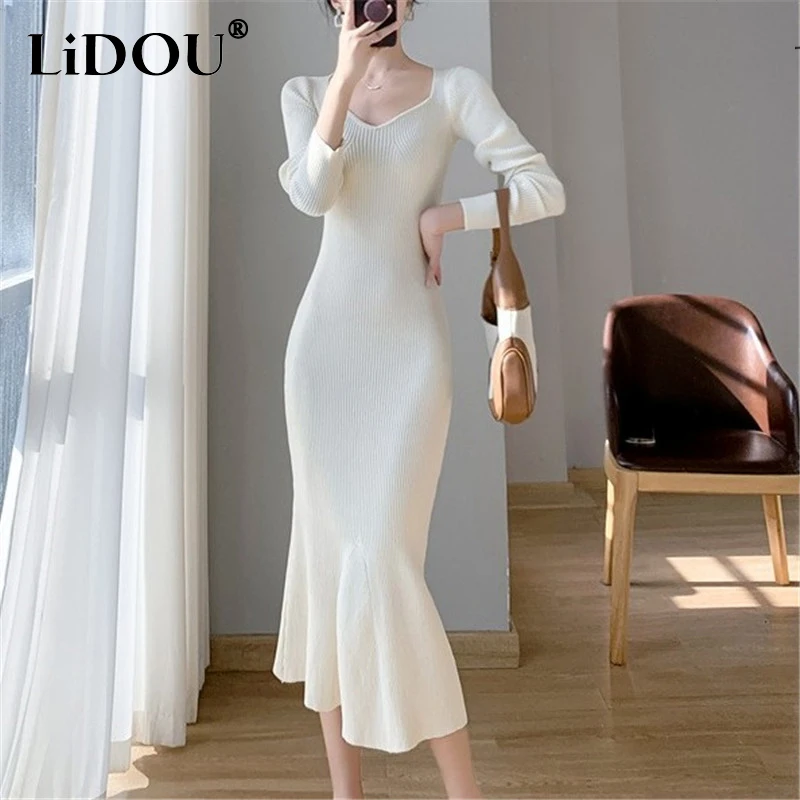 Autumn Winter V-neck Fashion Solid Color Knitted Mermaid Dress Female Long Sleeve Temperament Bodycon Robe Vestidos De Fiesta
Autumn Winter V-neck Fashion Solid Color Knitted Mermaid Dress Female Long Sleeve Temperament Bodycon Robe Vestidos De Fiesta