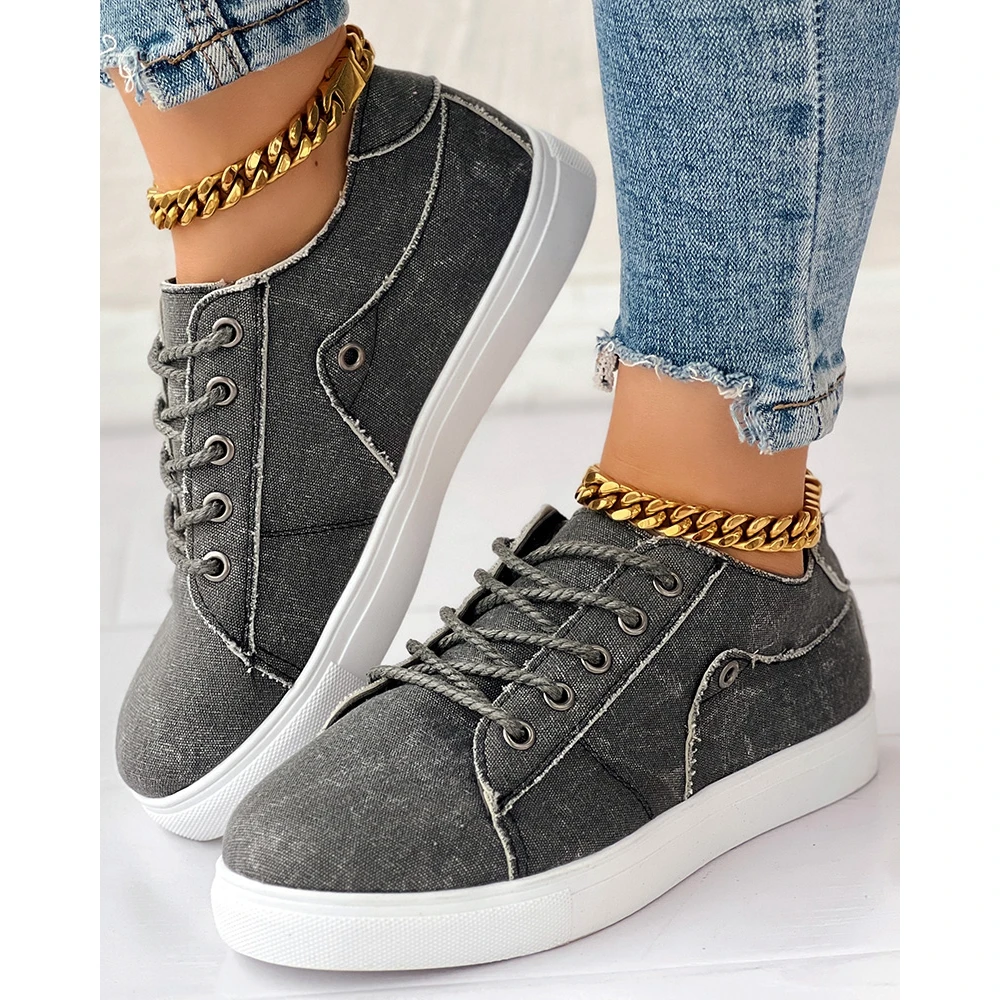 

Fashion Women Eyelet Lace-up Sneakers Autumn Daily Casual Raw Hem Round Toe Sports Shoes Spring Going Out Flats Instappers Dames