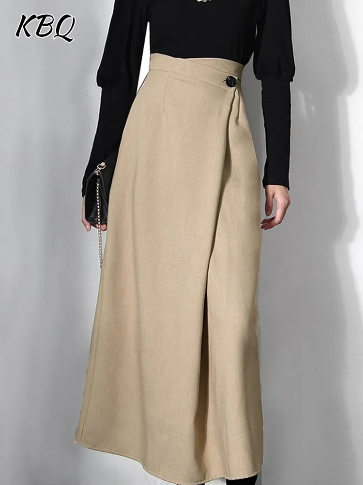 

KBQ Spliced Button Asymmetrical Skirt For Women High Waist A Line Solid Tunic Minimalist Folds Skirts Female Fashion Clothes New
