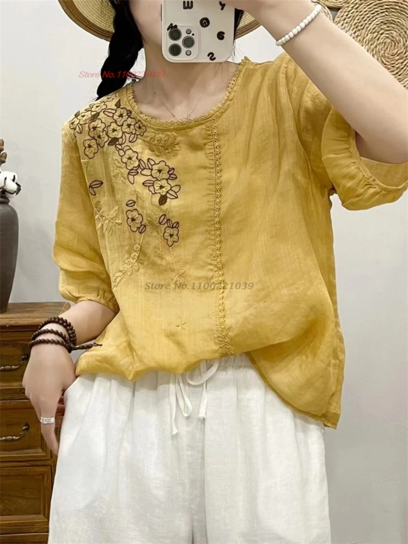 

2024 traditional chinese vintage blouse national flower embroidery ethnic hanfu tops oriental 100% linen improved folk blouse