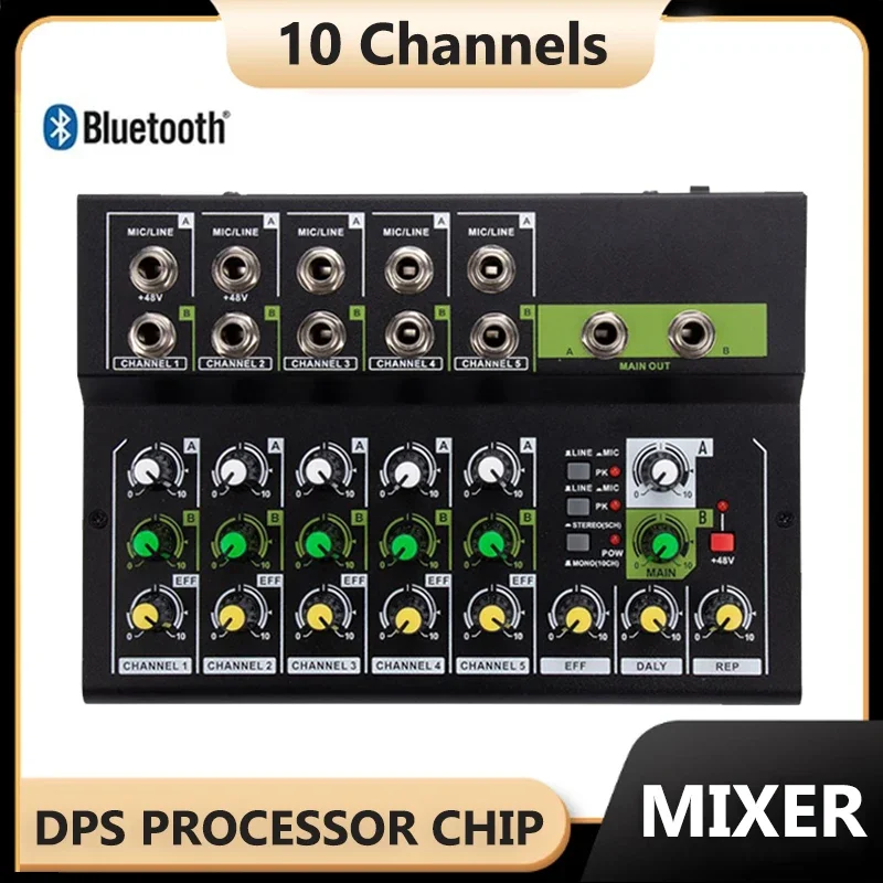 

10-Channel Mixing Console Digital Audio Mixer Stereo Mic/Line Mixer Reverb & 48V Phantom Power for Recording DJ Live Karaoke