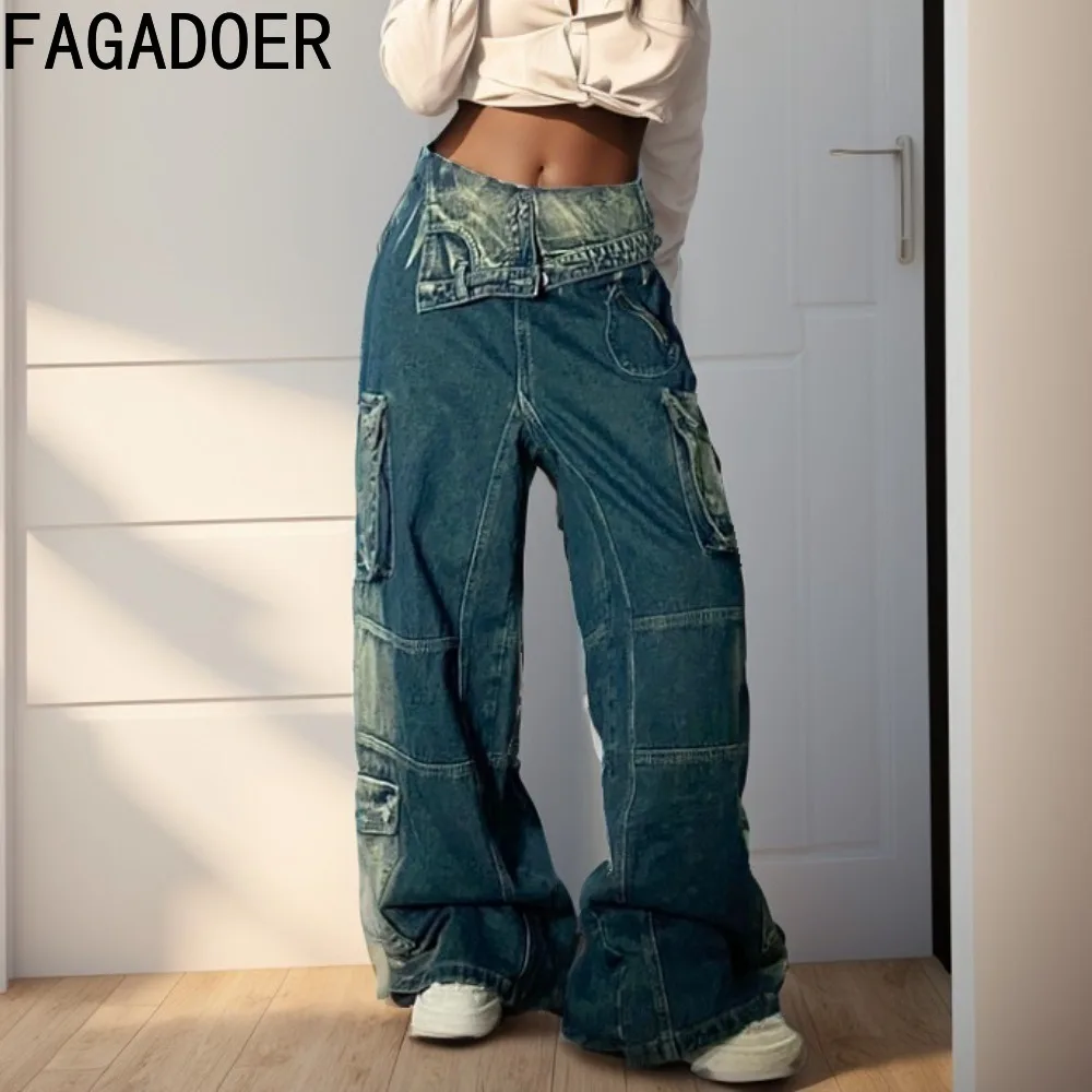 

FAGADOER Fashion Denim Pocket Cargo Pants Women High Waisted Button Loose Straight Jean Trousers Casual Female Cowboy Bottoms