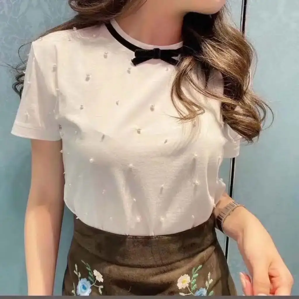 Heavy Industry Cotton Beaded T-shirt Women's Round Neck Short Sleeve Bow Tees Tops 2023 Summer
Heavy Industry Cotton Beaded T-shirt Women's Round Neck Short Sleeve Bow Tees Tops 2023 Summer