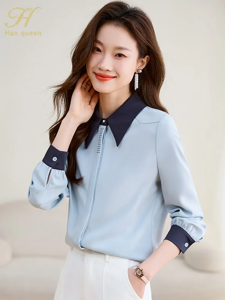 

Женская шифоновая блузка H Han Queen, элегантная повседневная рубашка с длинным рукавом и цветными блоками, в Корейском стиле, весна-осень