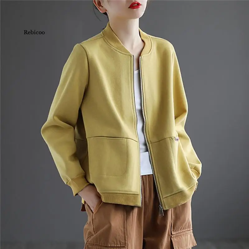 

Women Baseball Jackets 2022 Spring Autumn Long Sleeve Solid Color Bomber Jacket Female Casual Loose Vintage Korean Clothing