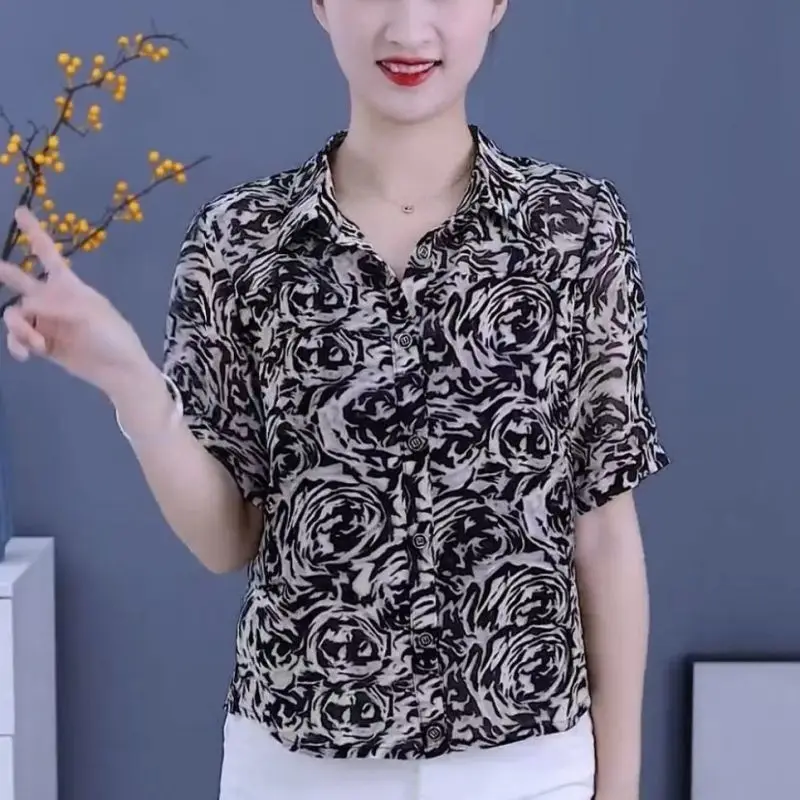 

Летняя новинка Женская блузка тонкая стильная рубашка-поло на пуговицах с принтом элегантная шикарная свободная универсальная рубашка с коротким рукавом для работы