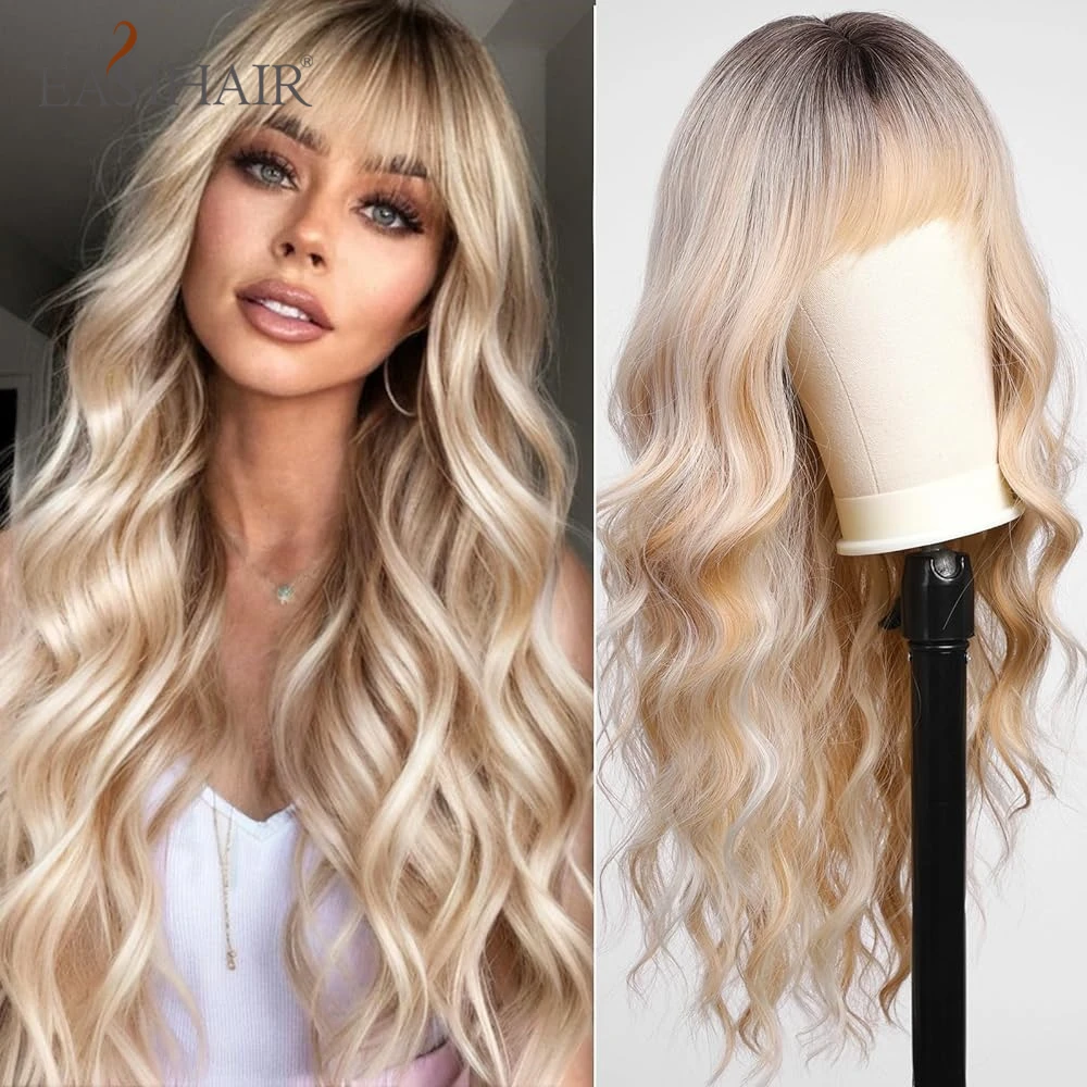 

Long Blonde Ombre Brown Synthetic Wigs Water Wavy Platinum Wigs with Bang Hair Wig for Women Daily Cosplay Party Heat Resistant