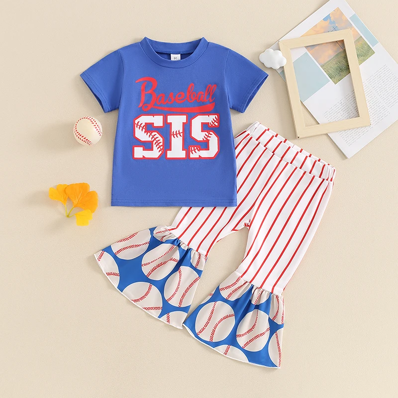 

Летняя одежда для маленьких девочек, футболка с коротким рукавом и принтом бейсбольных букв и эластичные полосатые расклешенные брюки, милая одежда из 2 предметов