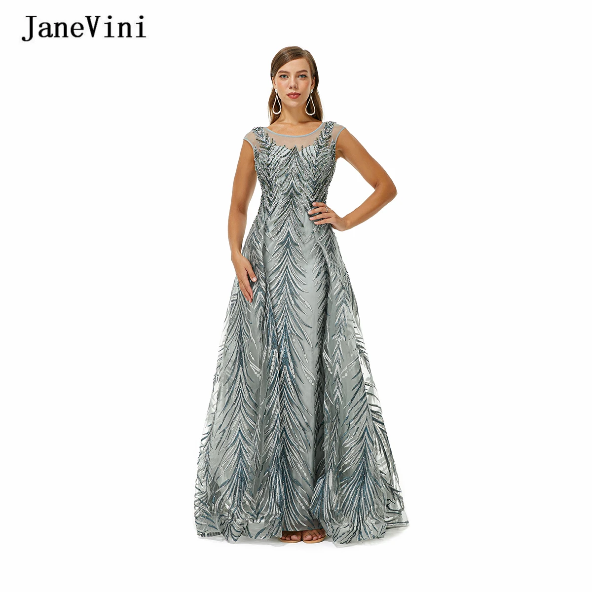 

JaneVini Elegant Gray Lace A Line Long Evening Dress O-Neck Beading Sleeveless Luxury Dubai Arabia Formal Dresses for Women 2022