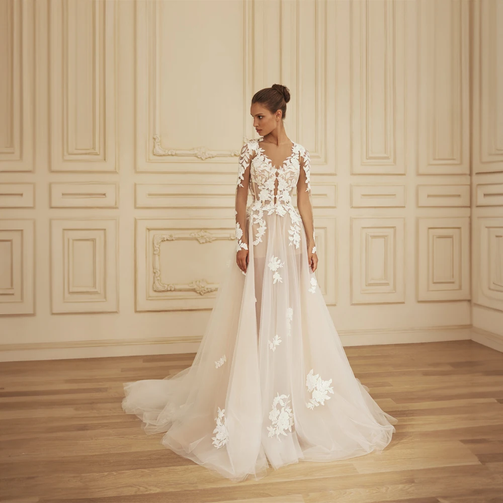 Stunning V-neck Appliques Lace Tulle A-line Wedding Dress Long Illusion Sleeve Court Wedding Gowns for Women vestidos de novia
Stunning V-neck Appliques Lace Tulle A-line Wedding Dress Long Illusion Sleeve Court Wedding Gowns for Women vestidos de novia