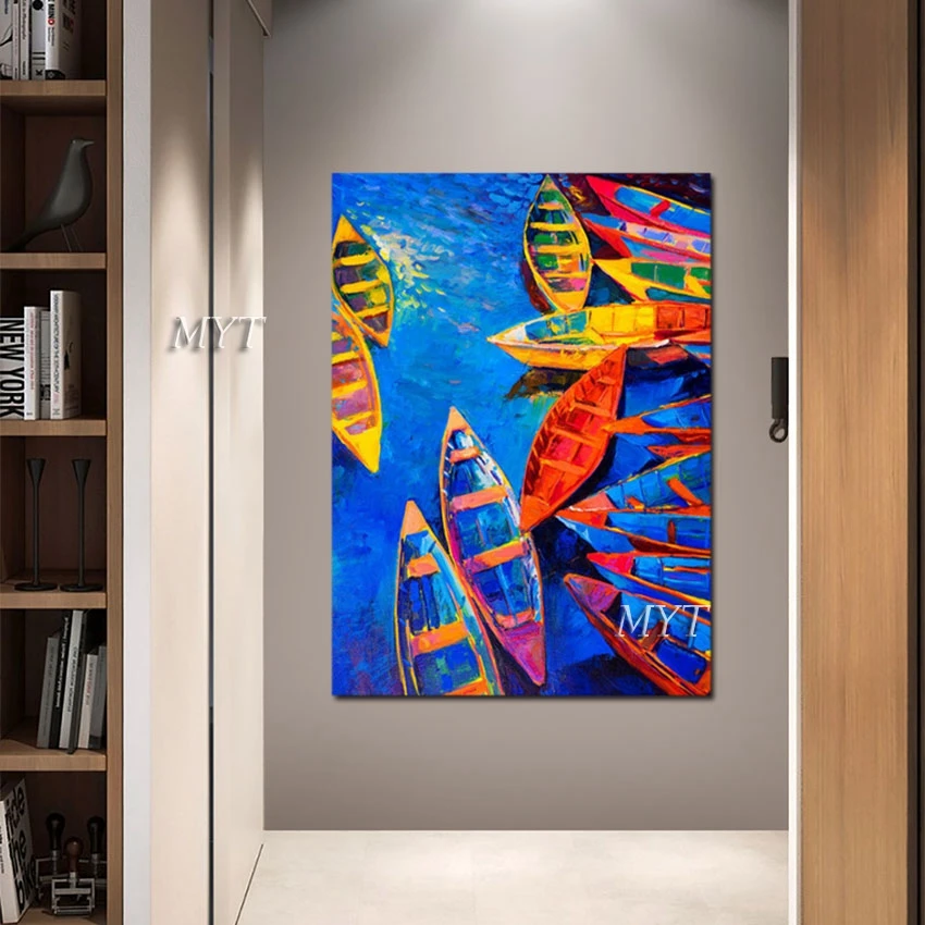 

3d Hand Painted Artwork Abstract Seascapes With Boats Custom Oil Painting For Baby Room Wall Decor Unframed Canvas Picture