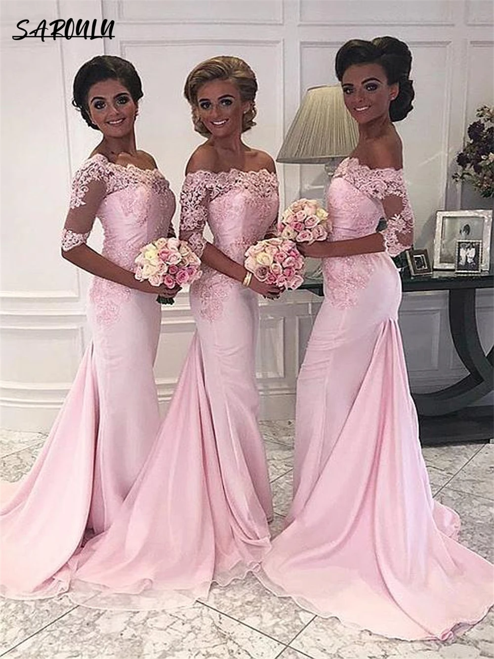 

Romantic Half Sleeve Appliques Bridesmaid Dresses Pastrol Off The Shoulder Sheath Cocktail Party Gown Elegant Vestidos De Novia