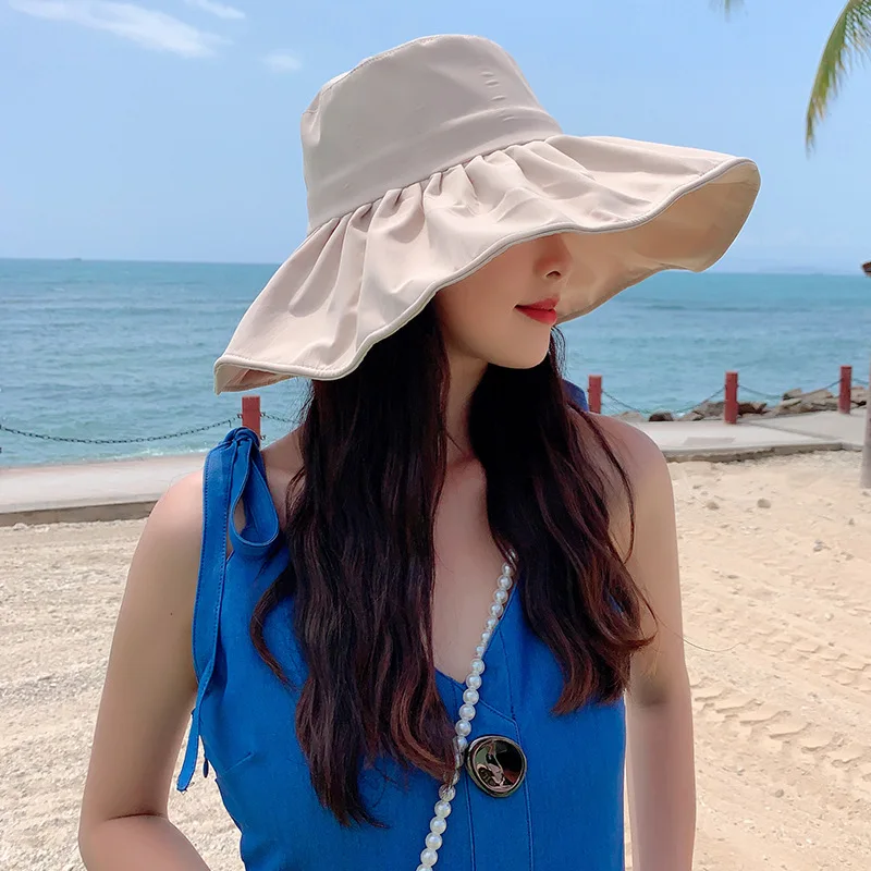 

Summer Hats For Women Fisherman Cap Solid Color Foldable Beach Travel Sun Hat Sunshade Gorro Wide Brim Ladies Cloth Sunhat