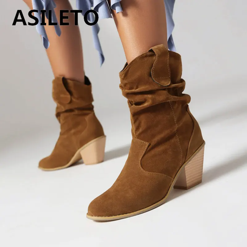 

ASILETO Flock Suede Female Mid Calf Boots Round Toe Slip On Pleated Chunky High Heels Leisure Western Bota Large Size 42 43 44