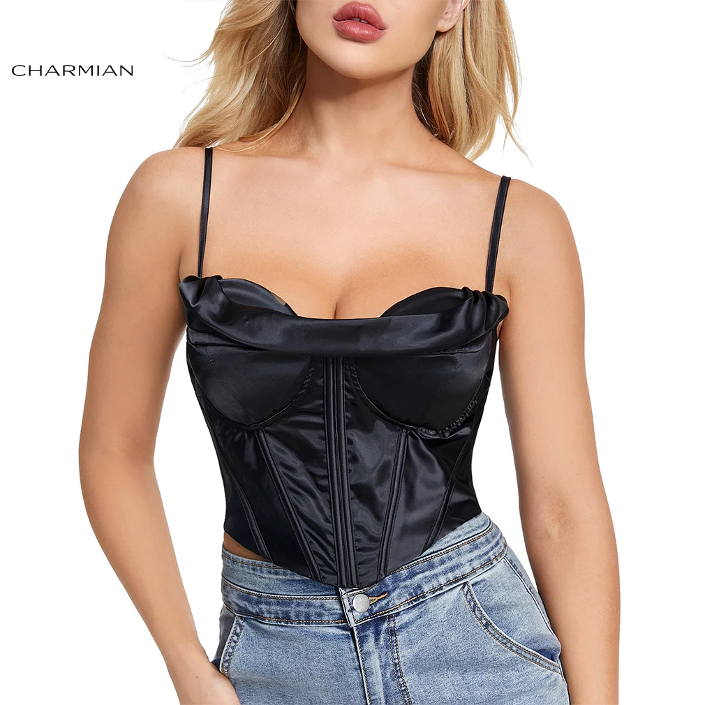 

Charmian Satin Crop Tops Women Casual Smooth Sexy Spaghetti Strap Zipper Back Clubwear Bra Bustier Corset Top Camis Crop Top
