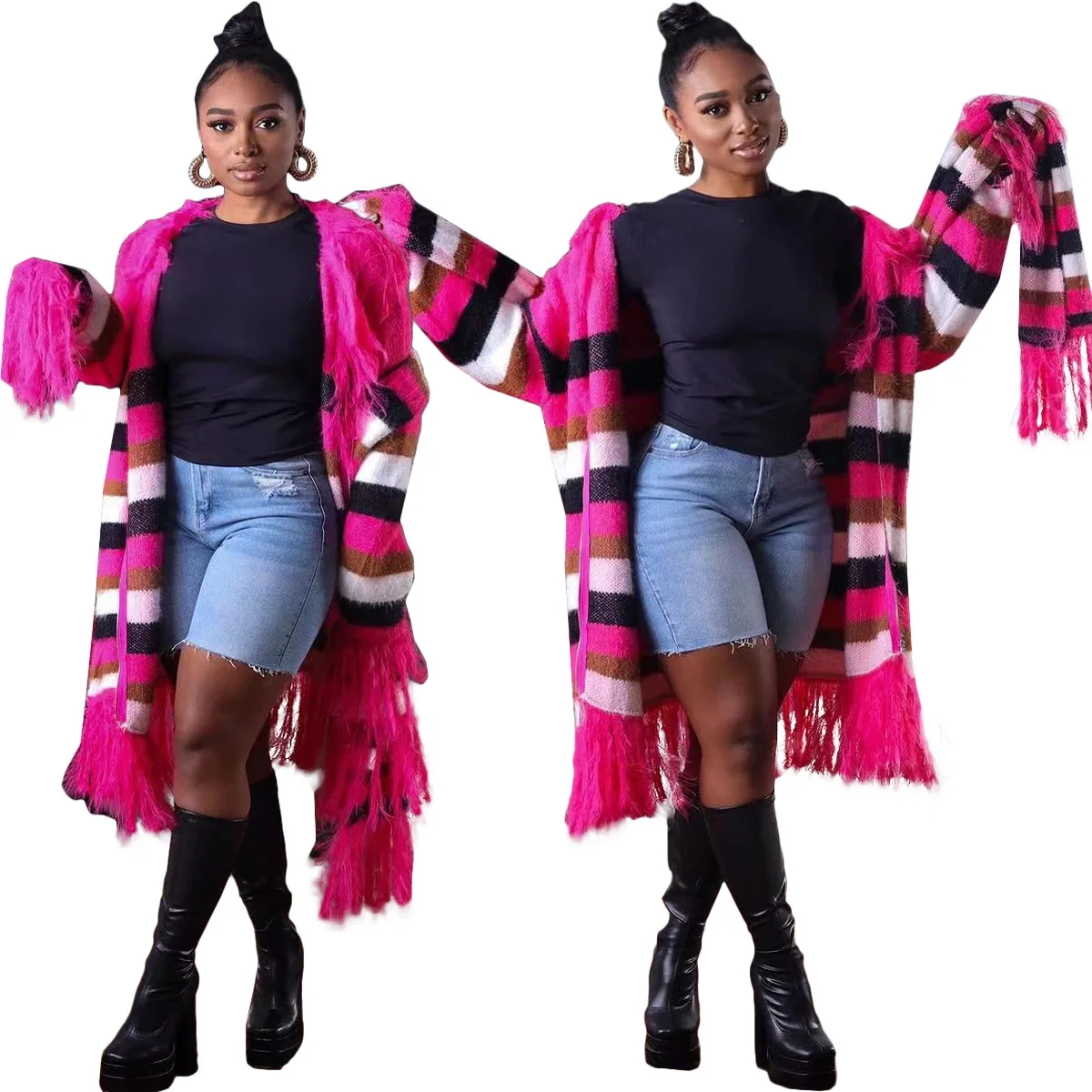 European and American women's fashion casual women's knitted fringed long coat (including scarf) pink cardigan
European and American women's fashion casual women's knitted fringed long coat (including scarf) pink cardigan