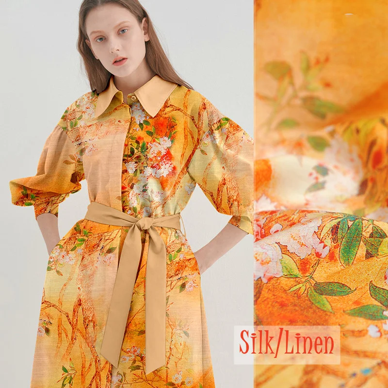 

Китайская стильная шелковая льняная цифровая печать, шелковая ткань, дышащее платье ручной работы «сделай сам», женская одежда тканевый швейный материал Satin