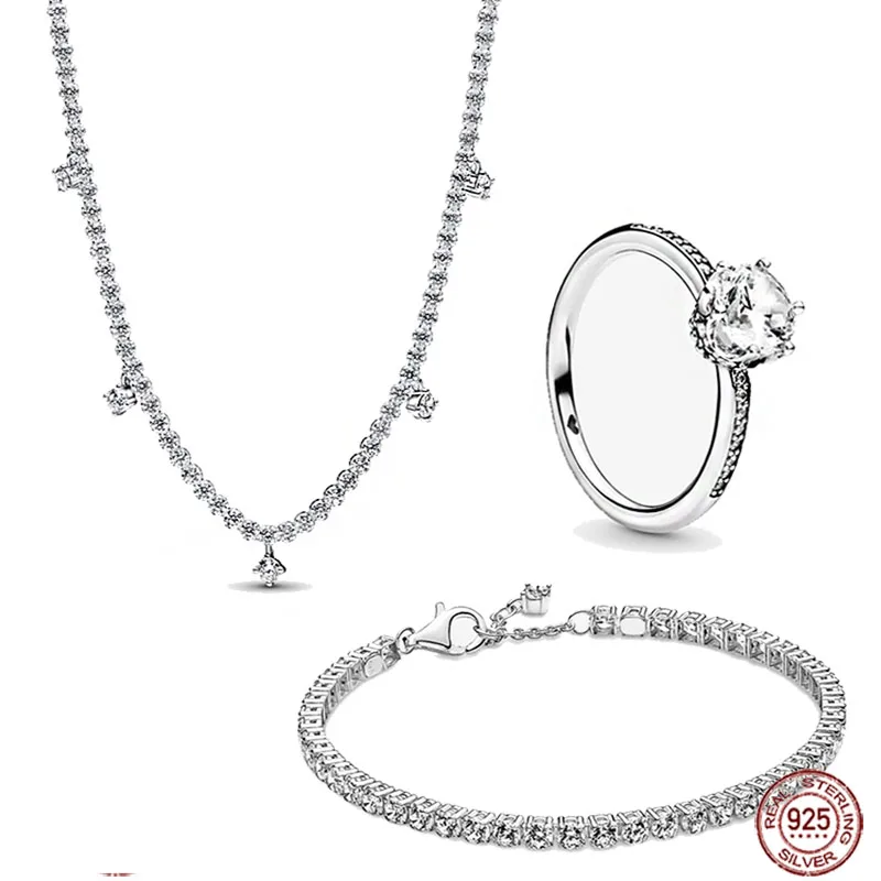

Bestselling 925 Sterling Silver Classic Zircon Jewelry Set Exquisite Necklace Bracelet Ring Girlfriend Friend Jewelry