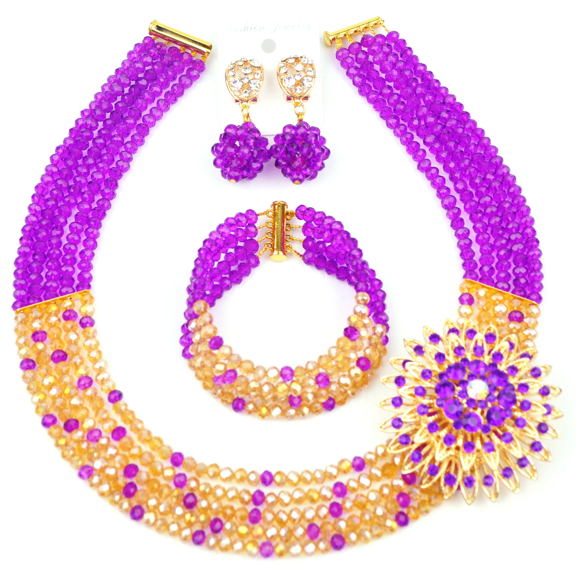 

Purple and Champagne Gold Crystal Bead Nigerian Wedding Bridal Jewelry Sets