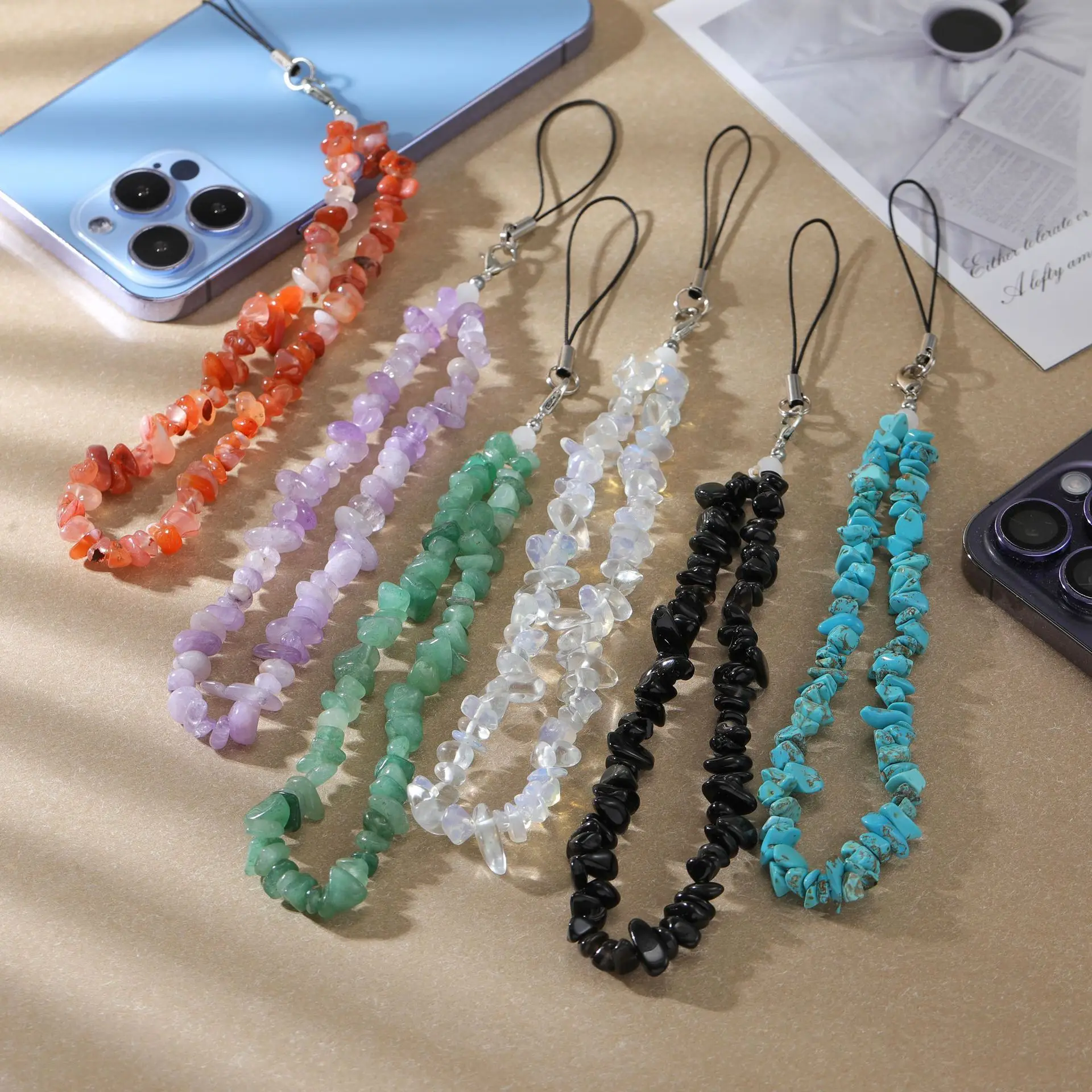 

10pcs Mobile Phone Chain for Women Key Chains Tassel Natural Chip Quart Stone Bead String Strap Anti-lost Cellphone Case Rope