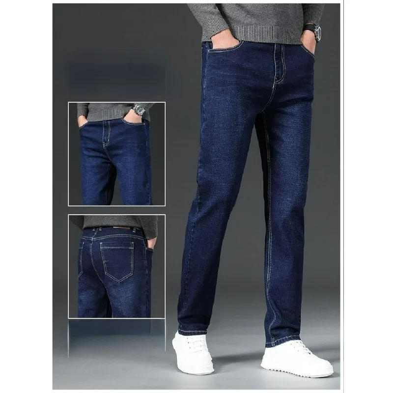 

Men Jeans Elastic Deep Crotch Autumn Winter Thick Middl-Aged Elderly Dad Trousers Loose Casual StraightLeg High-Waisted Trousers