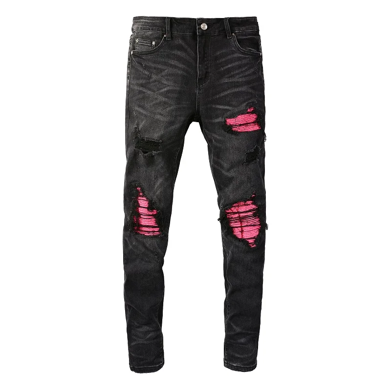 Men's High Street Distressed Pink Leather Ribs Patchwork Holes Stretch Slim Fit Streetwear Designer Ripped Jeans
Men's High Street Distressed Pink Leather Ribs Patchwork Holes Stretch Slim Fit Streetwear Designer Ripped Jeans