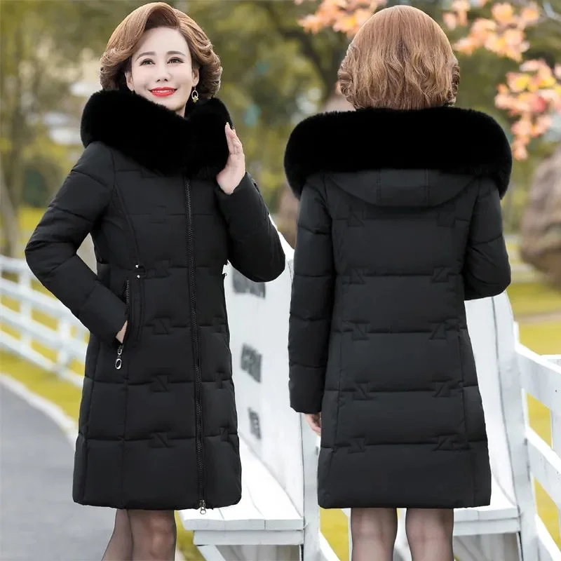 

Middle-aged Womens Down Cotton Coat Fur Collar Winter Long Warm Quilted Cotton Jacket Female Casual Hooded Parka Overcoat