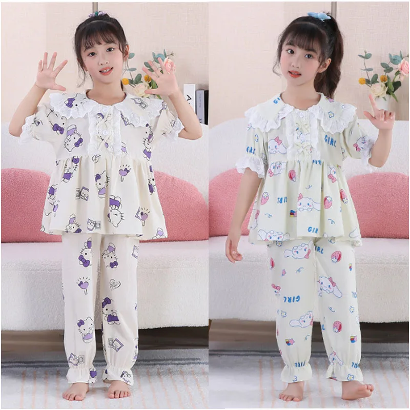

Sanrios Anime Cinnamoroll Kuromi HelloKittys Children Girls Summer Pajamas Short Sleeve Pants Set Home Clothing Nightwear