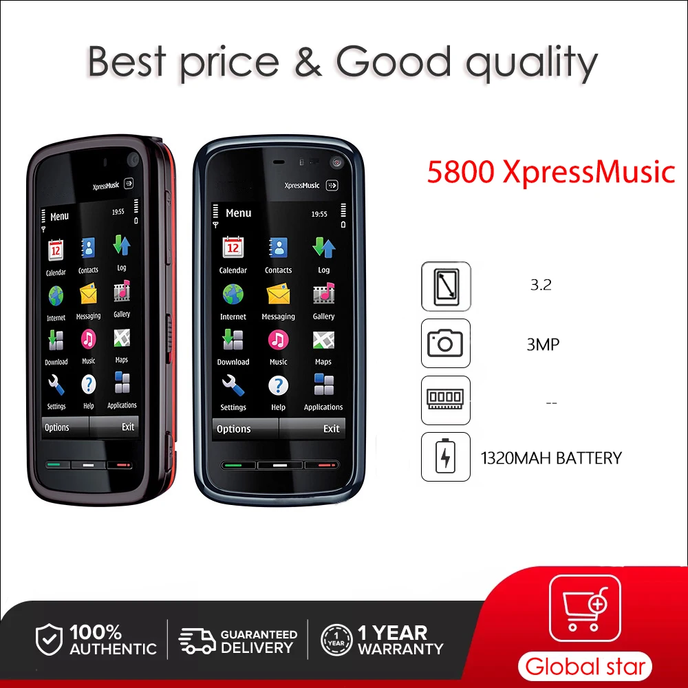 

Original Unlocked 5800 XpressMusic WIFI Bluetooth Camera FM radio Loudspeaker Mobile Phone Made in Finland Free Shipping