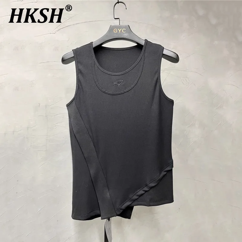 

HKSH Men's Tide Punk Waistcoat Dark Retro Irregular Spliced Tight Tank Tops New Sleeveless Elastic Slim Tees Bottom Shirt HK0774