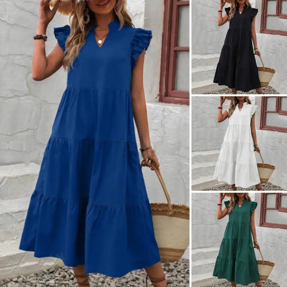 

Solid Color Dress Elegant V Neck A-line Midi Dress with Ruffle Sleeves for Women for Dating Parties Beach Vacations Summer Dress