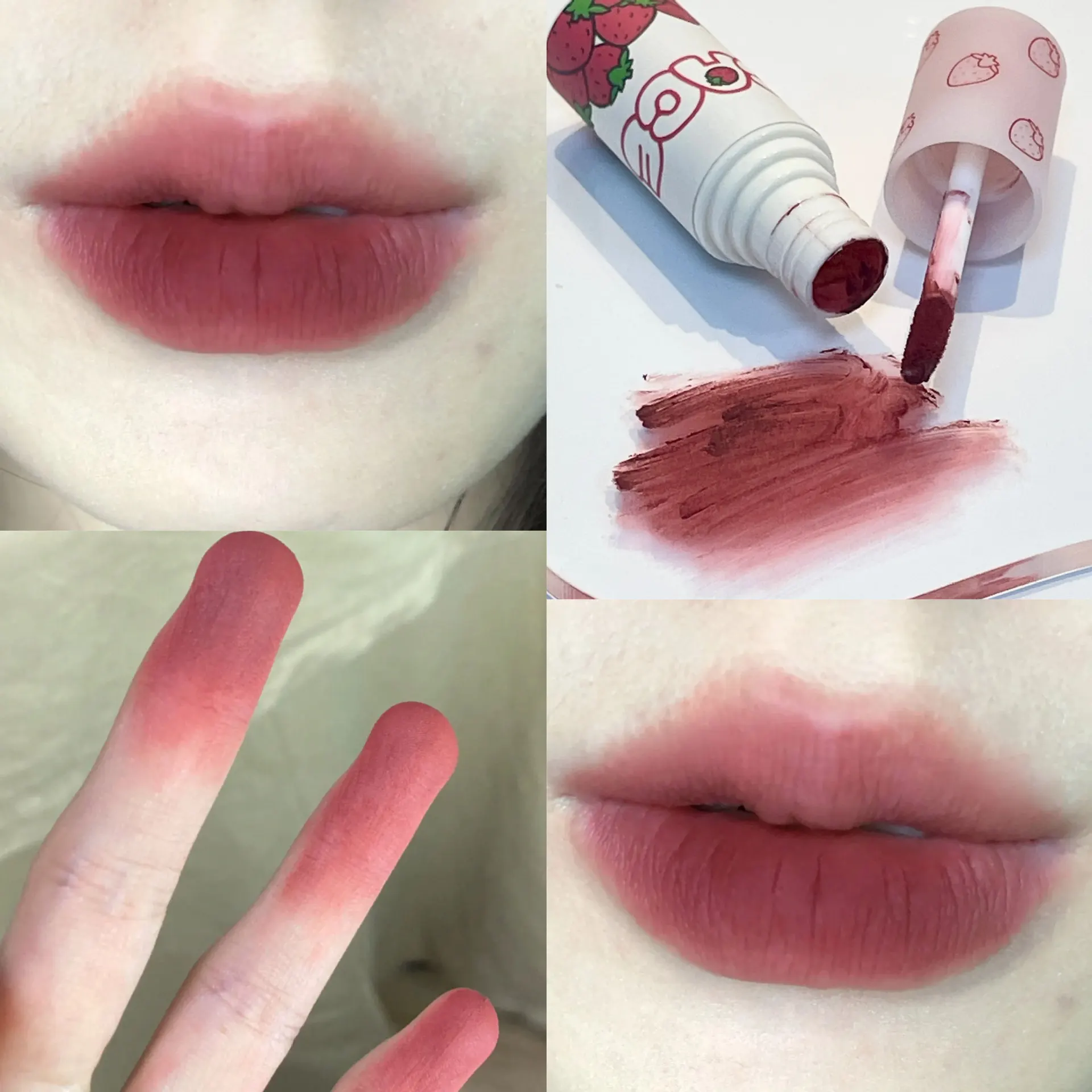 

Brown Pink Lip Glaze Matte Liquid Lipstick Cute Strawberry Waterproof Velvet Nude Red Lip Mud Cheek Rouge Tint Cosmetics 6 Color