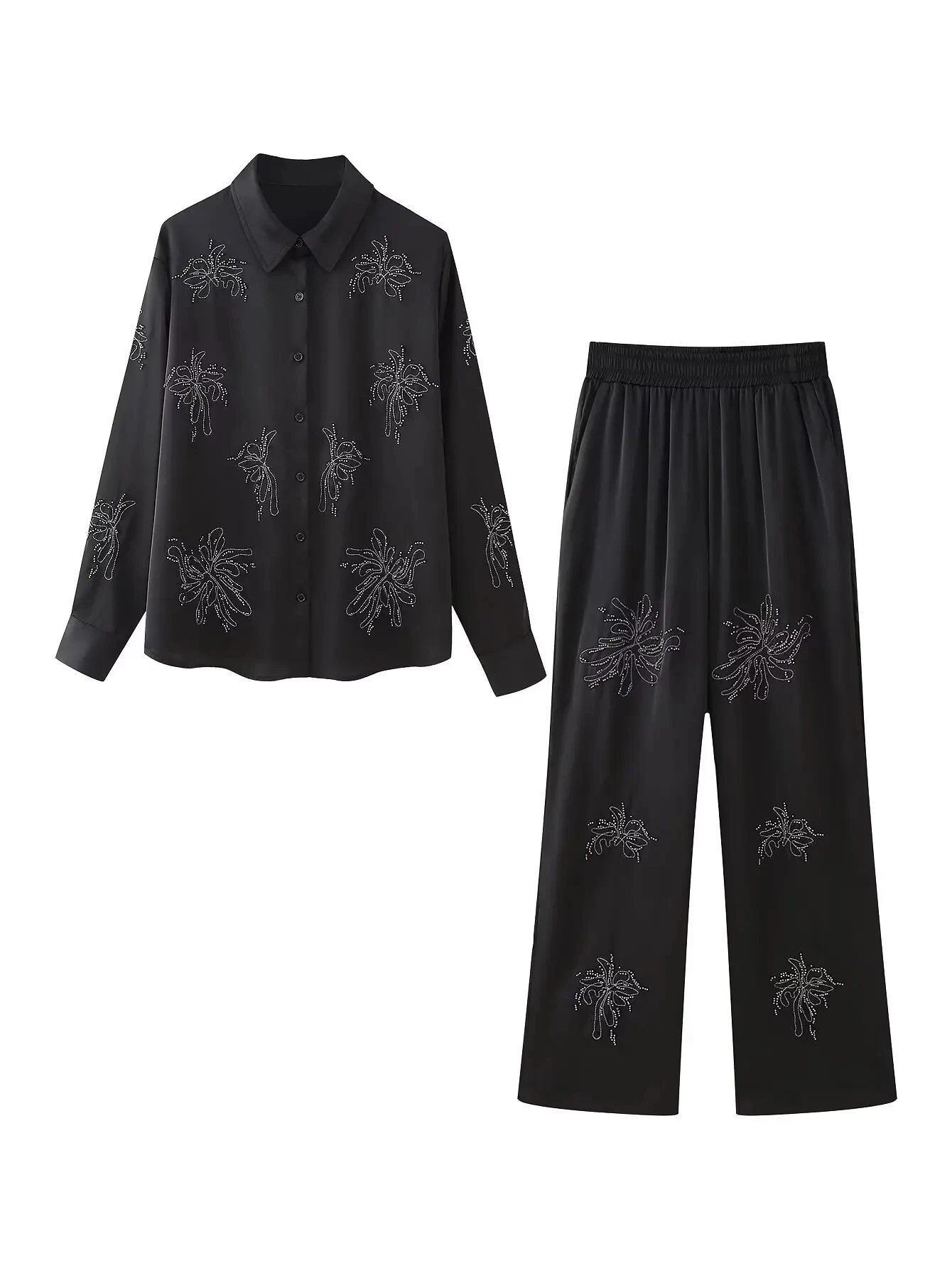 

Винтажная Пижама для женщин, комплект домашней одежды, однобортная рубашка с вышивкой и длинным рукавом, свободные длинные брюки, модный Базовый комплект для сна