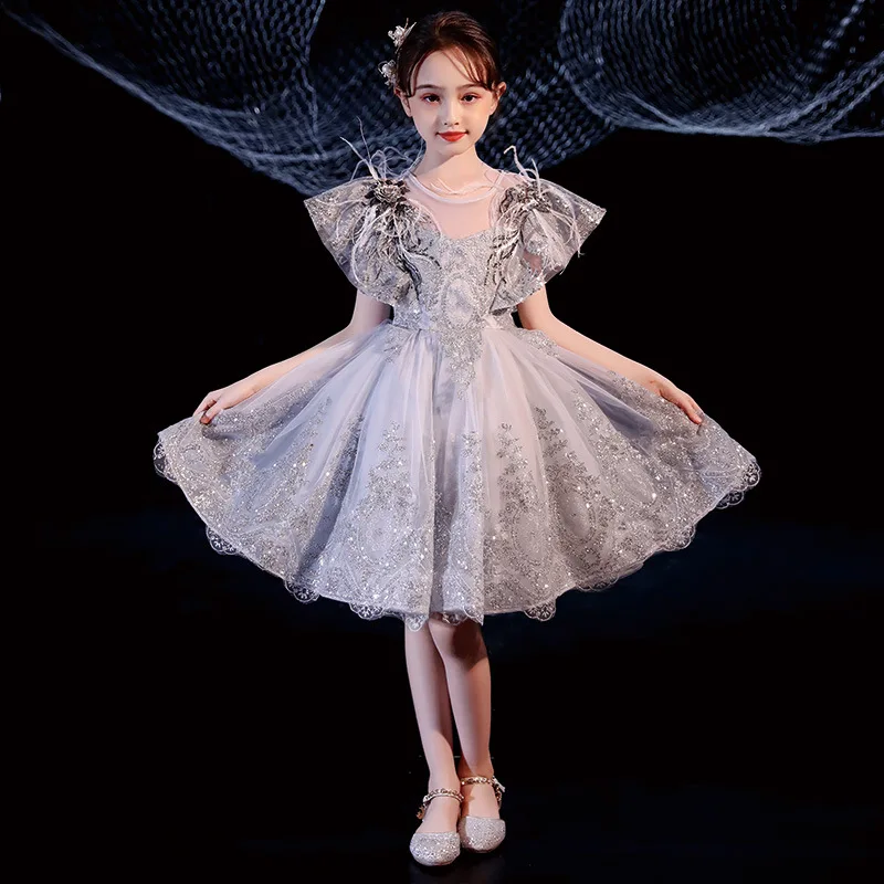 

2024 Spring Fashionable Fluffy Yarn Flower Girl Host Little Girl Walk Show Piano Performance Dress