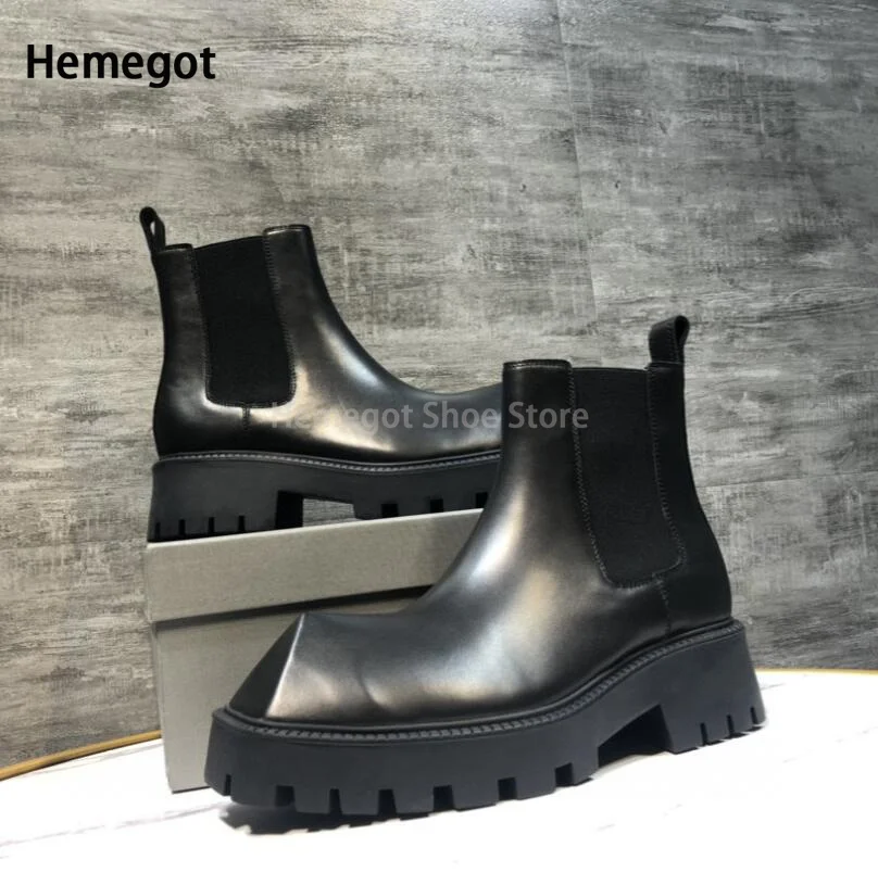 

Autumn New Men's Black Thick-Soled Boots British Chelsea Boots Square Scalp Slip On Boots Short Booties Fashion Catwalk Shoes