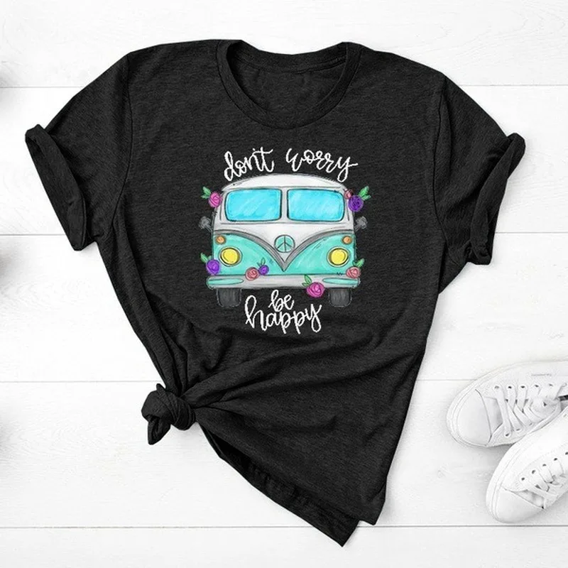 

Be Happy Bus Print T Shirt Women Short Sleeve O Neck Loose Tshirt Summer Women Tee Shirt Tops Camisetas Mujer