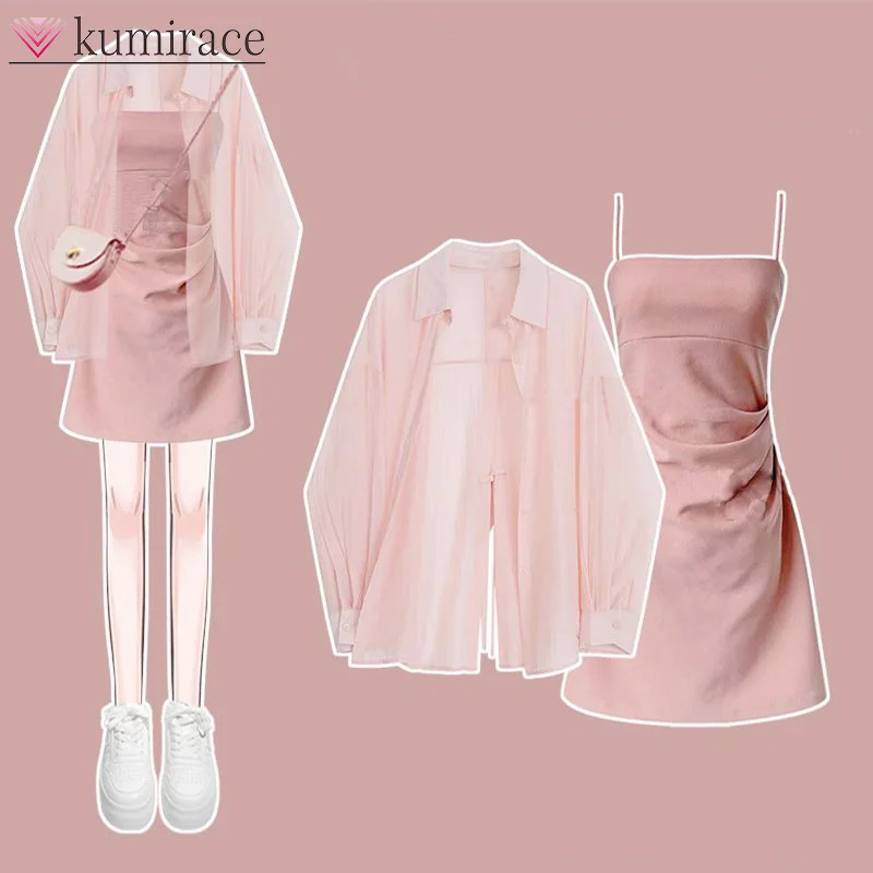 

Dopamine Pink Outfit for Women's 2024 Korean Summer New Sunscreen Shirt with Two-piece Suspender Skirt Set New in Matching Sets